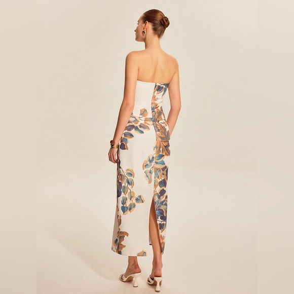 Commense Strapless Cream Midi Dress with Blue and Brown Leaf Print - Picture 6 of 7